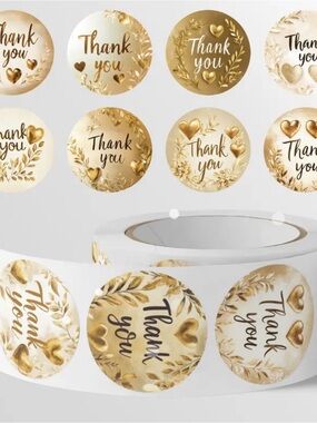 Gold Thank You Sticker Roll - Metallic Script & Hearts 500 Ct